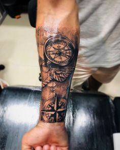 A Compass Tattoo, Compass Tattoos, Nautical Tattoo, Half Sleeve Tattoos, A Compass, Arm Tattoos, Arm Tattoos For Guys, Tattoo Sleeve, Compass Tattoo