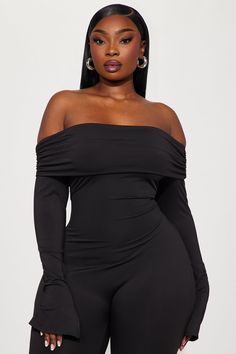 Available In Black, Ivory, And Turquoise. Jumpsuit Long Sleeve Off Shoulder Back Cut Out Straight Leg Stretch Inseam= 33" 80% Polyester 20% Spandex Imported | Raelyn Jumpsuit in Black size Large by Fashion Nova Turquoise Jumpsuit, Jumpsuit Long Sleeve, Jumpsuit Long, Leg Stretching, Long Jumpsuits, Black Jumpsuit, Fashion Nova, Black Fashion, Off Shoulder