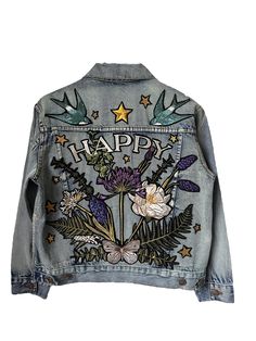 Stand out from the crowd in our bohemian, one of a kind embroidered jacket. The boho embroidery is created and sewn by our in house artists, and lovingly appliquéd onto this light wash denim jacket. ⋙⋙Size Small Decorated Jacket, Reworked Jacket, Jacket Designs, Jacket Patches, Light Wash Denim Jacket, Boho Embroidery, Embellished Denim Jacket, Upcycle Clothes Diy, Denim Jacket Patches