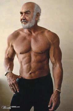 an older man with white hair and no shirt posing for a photo in front of a wall