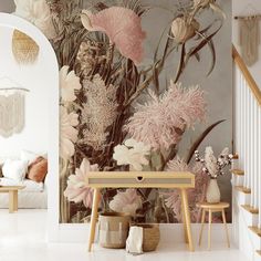 a room with flowers and plants on the wall