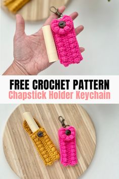 crochet keychain made with two different types of yarn, and the text free crochet pattern