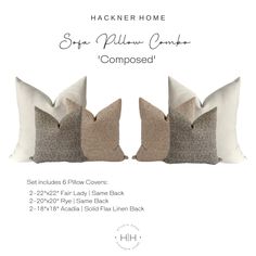 three pillows in different colors and sizes with the text backer home soft pillow covers composed