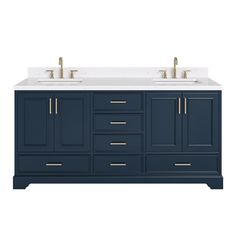 a double sink vanity with two gold faucets on the top and one white countertop