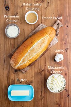 bread, cheese and other ingredients on a wooden table