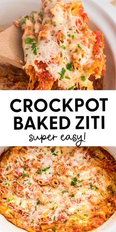 crockpot baked ziti in a white casserole dish with a wooden spoon