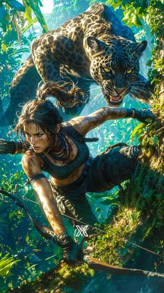 an image of a woman in the jungle with a leopard on her back and another animal behind her