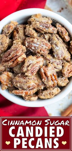 cinnamon sugar candied pecans in a white bowl on a red and white tablecloth