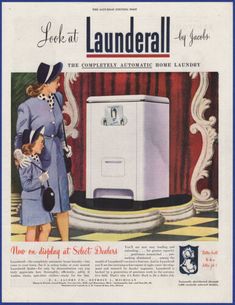 an advertisement for the laundry machine with two women standing next to it and looking at it