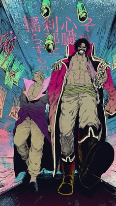 an anime poster with two men in the background