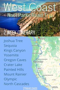 the west coast national parks road trip is featured in this postcard with information about where to go and what to see