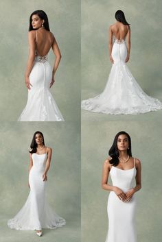 four different views of the back of a wedding dress, including an open - back gown and