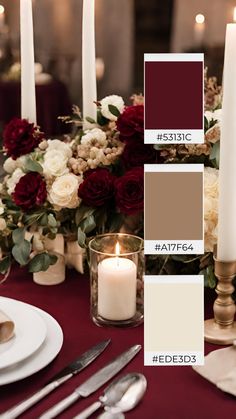 the table is set with candles, plates and flowers in shades of red, brown, white and grey