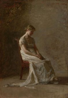 a painting of a woman sitting in a chair with her feet on the ground, wearing a white dress