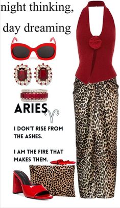 aries Outfit | ShopLook Aries Outfits, Rise From The Ashes, Red Rings, Oversized Clutch, Leopard Print Skirt, Celine Sunglasses, Clare V., Red Sandals, Outfit Shoplook