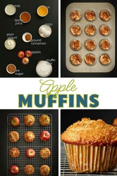 collage of ingredients, apples, and muffins. Baked Good, Apple Cinnamon Muffins, Cinnamon Muffins, Apple Muffins, Muffin Mix, Dried Apples