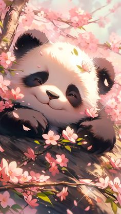 a panda bear sitting on top of a tree filled with pink flowers