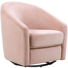 a pink chair sitting in front of a white background with the seat upholstered