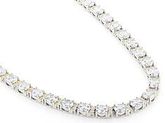 Vanna K™ for Bella Luce® white diamond simulant 58.40ctw round, Platineve® and Eterno™ 18k yellow gold over sterling silver tennis necklace. Measures approximately 18" L x 0.19" W and has a hidden box clasp closure. The diamond equivalent weight is 35.39ctw. Each Vanna K™ design has a signature label that features a lab created sapphire. Man Made Diamonds, Diamond Simulant, Box Clasp, Tennis Necklace, Diamond Design, Cultured Pearls, 10k Gold, Gemstone Colors, Natural Crystals