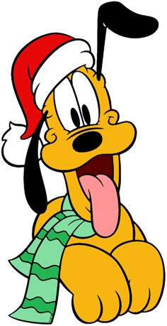 a cartoon dog wearing a santa hat and scarf with his tongue hanging out to the side