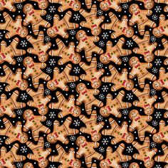 a pattern with gingers and snowflakes on black, brown and white fabric