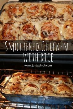 two pans filled with food sitting on top of an open oven door in front of the words, smothered chicken with rice