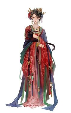 a doll is dressed in red and green with an elaborate headpiece on it's head