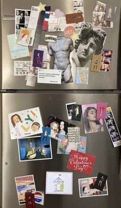 a refrigerator covered in magnets and pictures