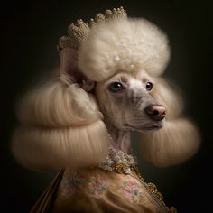 a white poodle with long blonde hair wearing a golden dress and pearls on it's head