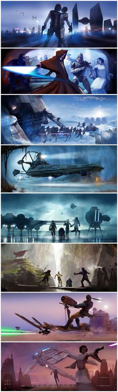 four different types of sci - fi art work, each with an image of spaceships and