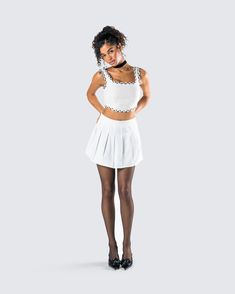 Add a little prep to your step in this two-piece set 💅 Featuring an ivory tweed bustier top and a white pleated tennis skirt - this fit is giving a chic and classy vibe that will have you looking top-tier 🤍 White Pleated Skirt For Summer Party, Casual White Tennis Skirt For Party, Trendy White Tennis Skirt For Party, White Mini Length Tennis Skirt For Party, White Mini Tennis Skirt For Party, White Pleated Mini Skirt For Party, Trendy White Pleated Skirt For Party, White Pleated Mini Skirt For Night Out, White Flirty Crop Top For Day Out