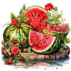 watermelon slices and leaves on a piece of wood with red roses around them