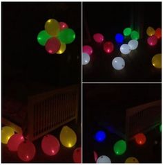 several photos of balloons in the dark with colored lights on them and one is lit up