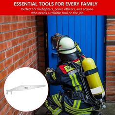 a fireman kneeling in front of a blue door with the words essential tools for every family perfect for firefighters, police officers, and anyone who needs a reliable tool on the job