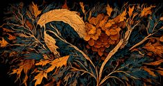 an artistic painting of leaves and flowers in orange, yellow and blue colors on a black background