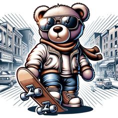 a teddy bear wearing sunglasses and holding a skateboard in his hand while walking down the street