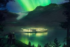 two people are looking at the aurora lights over a boat on a body of water