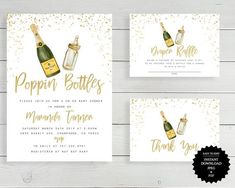 two champagne bottles with gold confetti on them, and the words poppin bottles are