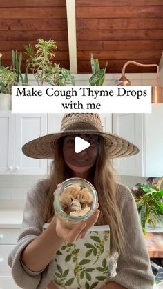 a woman wearing a hat and holding a bowl of food in her hands with the caption, make cough thye drops with me