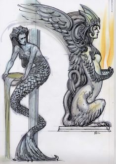 an artistic drawing of a woman sitting on a stool next to a winged creature holding a tray