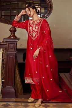 Shop for Stotram Embroidered Kurta Set for Women Online at Aza Fashions Red Salwar Suit, Tassel Dupatta, Red Suits, Suits For Women Indian, Salwar Suits Party Wear, Latest Designer Dresses, Red Kurta, Rani Pink, Kurta Set For Women