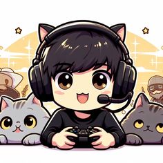 a cartoon character with headphones on playing video games while several cats watch from behind