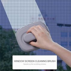 a hand holding a window screen cleaning brush with the words window screen cleaning brush below it