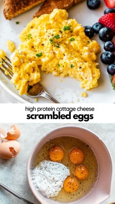 High Protein Cottage Cheese Scrambled Eggs Scrambled Eggs With Cottage Cheese, Eggs With Cottage Cheese, Protein Cottage Cheese, Scrambled Eggs With Cheese, High Protein Breakfast Recipes, Fluffy Eggs, Cottage Cheese Recipes, High Protein Meals