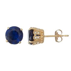 These beautiful 10k gold stud earrings feature lab-created sapphire and diamond gemstones for a dazzling look that's perfect for any occasion. These beautiful 10k gold stud earrings feature lab-created sapphire and diamond gemstones for a dazzling look that's perfect for any occasion. Metal: 10k gold Backings: post Packaging: boxed Finish: polished Diameter: 7 mmSTONE DETAILS Stone type: lab-created sapphire Total weight: 2 1/2 ct. Center stone weight: 2 1/3 ct. Center stone size: 7 mm Shape: ro Fine Jewelry Gold Ring With Lab-created Sapphire, Gold Jewelry With Lab-created Sapphire For Anniversary, Gold Jewelry With Lab-created Sapphire Birthstone, Gold Birthstone Jewelry With Lab-created Sapphire, Yellow Gold Lab-created Sapphire Jewelry Gift, Gold Jewelry With Round-cut Lab-created Sapphire, Gold Jewelry With Round Cut Lab-created Sapphire, Gold Round Cut Lab-created Sapphire Jewelry, Gold Lab-created Round Cut Sapphire Jewelry