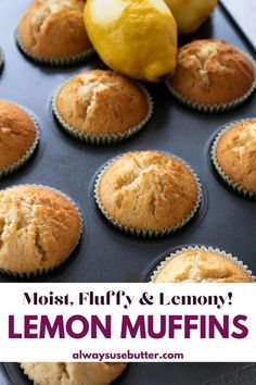 lemon muffins in a muffin tin with the words yosh, fluff's & lemony