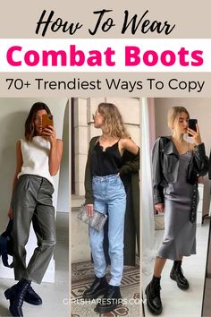 Combat Boots And Midi Dress, Combat Boots 2023 Outfit, Women’s Combat Boots Outfits, Women Black Combat Boots Outfit, Dress Up Combat Boots Outfit, Combat Boot With Jeans, Leather Jacket Combat Boots Outfit, Combat Chelsea Boots Outfit, Dresses With Chunky Boots