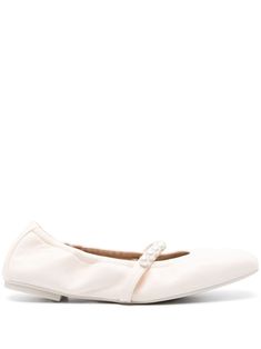 seashell white nappa leather pearl detail logo at the sole square toe branded leather insole rubber outsole slip-on style The Ballerina, Pearl Decorations, Pearl Leather, Ballerina Shoes, Low Block Heels, Boots And Sneakers, Ballet Flat Shoes, Pump Sandals, Card Holder Leather