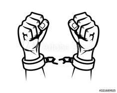 two hands with handcuffs on their wrists, one holding the other's hand up