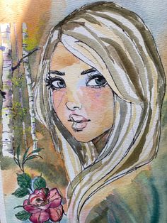 a watercolor painting of a woman with long blonde hair and flowers in her hand